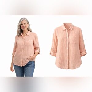 Rails Peach Double Face Gauze Button Down Large Organic Cotton Coastal Chic